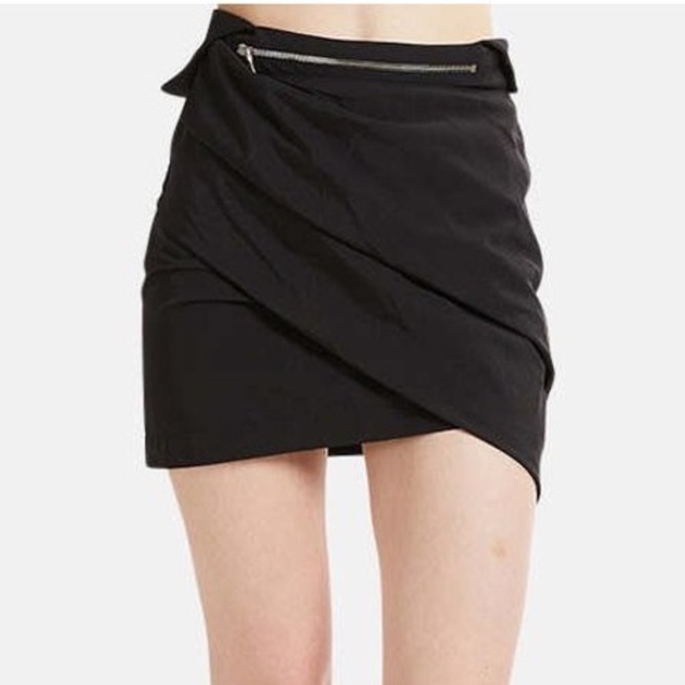 RtA Lizzie Multi Zip Skirt Black Asymmetric Draped Nylon Mini Foldover Waist 6
